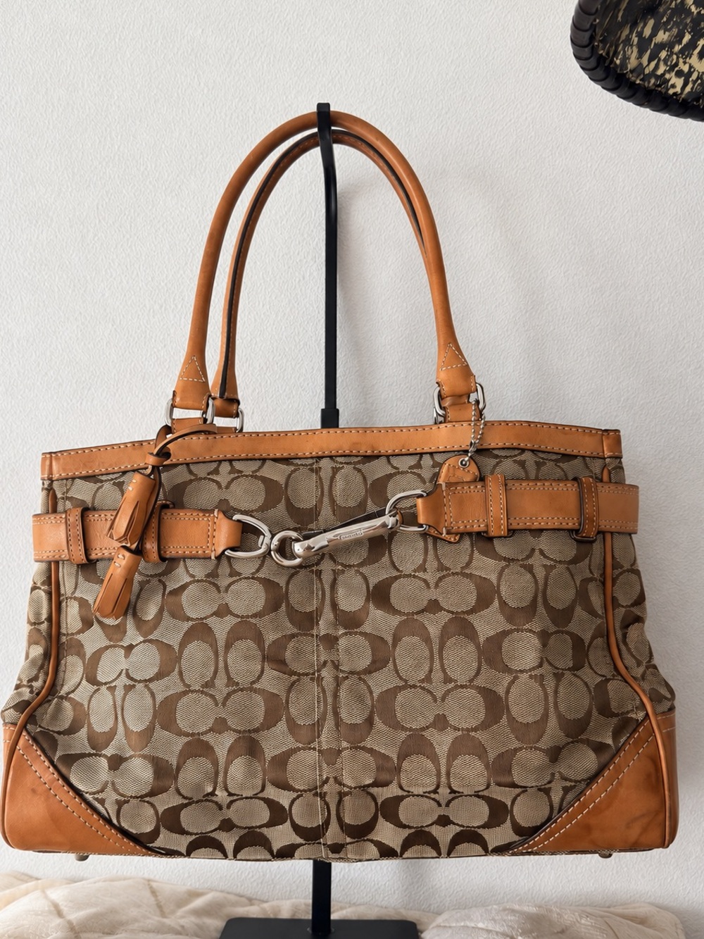 Vintage Y2K Coach Hamptons 8K07 Signature Jacquard Carryall Tote Tan Leather